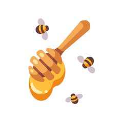 a wooden honey dipper and some bees flying around it on a white background illustration