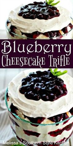 blueberry cheesecake trifle in a glass dish with the title overlay above it