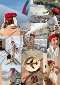 a collage of photos showing women in airline uniforms and hats on the tarmac