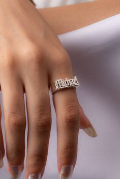 Adjustable White Initial Ring For Anniversary, Custom Name White Promise Ring, Silver Promise Ring With Name, Silver Open Ring With Name Detail, Custom Name White Gold Round Ring, Custom Name White Gold Ring, Engraved White Gold Ring With Names For Gift, White Gold Engraved Ring With Names As Gift, White Gold Custom Name Ring