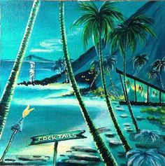 a painting of a beach with palm trees and a sign that says cocktail tails on it