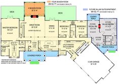 the floor plan for a house with two master suites and an open kitchen area on one side