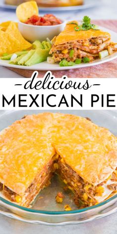 the mexican pie has been cut in half and is ready to be served with salsa