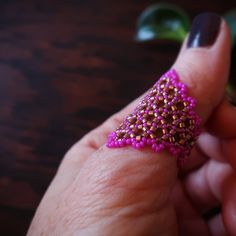 Temple Tree Hexagon Mandala Beaded Ring - Fuchsia and Copper Pink Round Jewelry With Bead Caps, Red Beaded Rings As Gift, Red Beaded Rings For Gifts, Red Beaded Rings Perfect As Gifts, Unique Beaded Rings For Gifts, Artisan Pink Ring As Gift, Handmade Small Pink Jewelry, Handmade Hexagon Jewelry, Pink Bohemian Rings For Jewelry Making