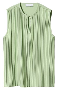 Sharp pleats lend easy movement to this sleeveless blouse crafted with a charming keyhole cutout at the neckline. Band collar   Sleeveless   60% polyester, 40% recycled polyester   Machine wash, line dry   Imported Sleeveless Pleated Tops For Spring, Casual Sleeveless Pleated Tops, Keyhole Blouse, Mango Tops, Blouse Nordstrom, Band Collar, Green Blouse, Sleeveless Blouse, Athens