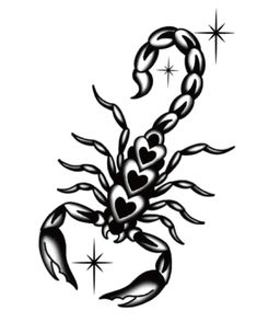 a black and white drawing of a scorpion with hearts on it's back legs