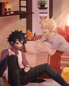 two anime characters are sitting on the floor in front of a couch with stuffed animals