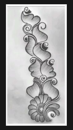 a black and white drawing of flowers with swirls on the bottom half of it