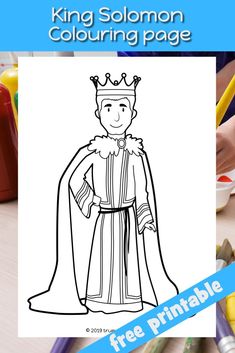 the king solomon coloring page is shown with crayons and pencils in front of it