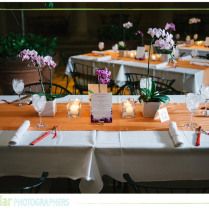 the table is set with flowers and candles