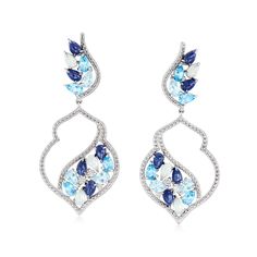 Ross-Simons - 10.40 ct. t. w. Multi-Gemstone Drop Earrings in Sterling Silver. An RS exclusive. The chilly blue hues of our graceful drop earrings are a breath of fresh air. A dazzling arrangement of pear-shaped sapphires, aquamarines, Swiss and sky blue topaz totaling 10.20 carats is surrounded by the sparkle of .20 ct. t. w. white topaz rounds. Crafted in sterling silver. Hanging length is 1 7/8". Post/clutch, multi-gemstone drop earrings. Aquamarine birthstones are the perfect gift for March Blue Topaz Multi-stone Earrings, Sapphire Multi-stone Earrings Fine Jewelry, Elegant Sapphire Multi-stone Earrings, Anniversary Blue Topaz Multi-stone Earrings, Anniversary Multi-stone Blue Topaz Earrings, Blue Multi-stone Cubic Zirconia Earrings, Elegant Blue Stone Earrings, Elegant Blue Earrings With Stones, Blue Multi-stone Sterling Silver Earrings