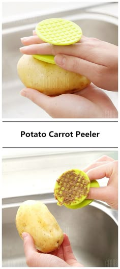 the potato is being held up by a person's hand and has a scooper in