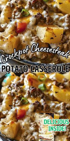 two pictures of potatoes and meat casserole with text that reads, crockpot cheese steak potato casserole