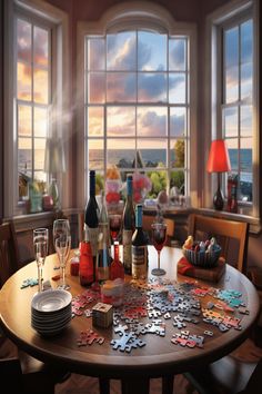 An intimate room setting overlooking the ocean at sunset, featuring a puzzle in progress, wine bottles, and glasses. Adult Game Room Rustic, Rainy Attic Room Game, Games Room Inspiration, Cozy Bar, Puzzle Table, Activity Room, Family Board Games, Bar Room