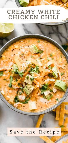 creamy white chicken chili in a bowl with tortilla chips and avocado