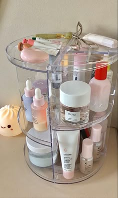 Skincare Orginazer, Aesthetic Bathroom Accessories, Makeup Organization On Desk, Aesthetic Makeup Organization, Skin Care Desk, Aesthetic Makeup Desk, Bathroom Makeup Organization Countertop, Skin Care Drawer, Makeup Desk Organization