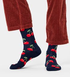 You've surely heard about a cherry on the top, but what about a cherry on the very bottom of your outfit? Add a sweet touch with a pair of Cherry socks – the best kind of fruit socks! These lively socks are available in multiple sizes – we've got men's cherry socks, women’s cherry socks, cherry print socks for everyone! Oh, you can also match with the kids. Made of soft and breathable organic combed cotton. Red Cotton Socks For Spring, Cherry Socks, Diamond Socks, Cream Socks, Food Socks, Women Camping, Cherry Print, Striped Socks, Happy Socks