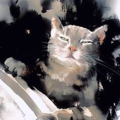 a watercolor painting of a cat laying down