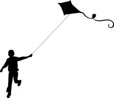 a black and white silhouette of a person flying a kite with a long string attached to it