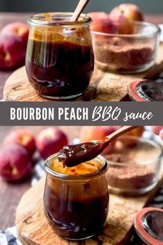 bourbon peach bbq sauce on a wooden board with spoons and apples in the background