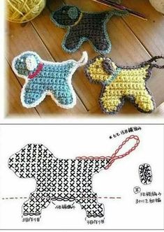 crocheted dogs are shown on the floor and in front of some yarns