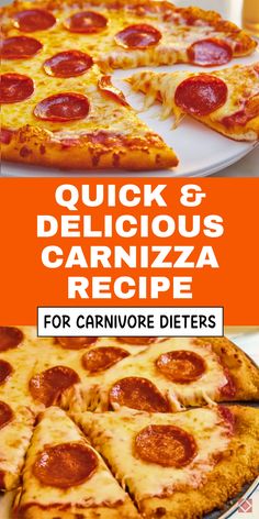 two different pizzas with the words quick and delicious carnizza recipe for cannoise dieters