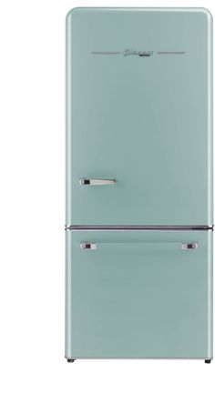 a green refrigerator freezer sitting on top of a white wall with two drawers and one door