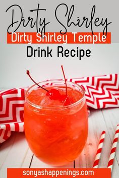 a drink in a glass with a cherry garnish on the rim and text overlay