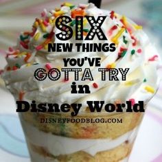 an ice cream sundae with sprinkles and the words six new things you've got in disney world