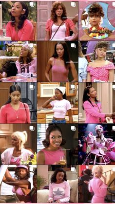 many different pictures of women in pink outfits and one has her hand on her hip