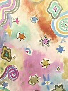 an abstract painting with stars and swirls in pastel colors, on white paper