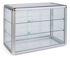 a silver and glass display case on a white background