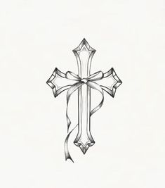 a cross with a ribbon around it on a white background, drawn in black ink