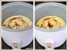 two pictures showing the inside of an electric crockpot with cake batter in it