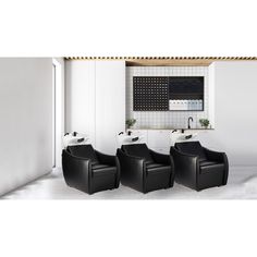 three black chairs sitting in front of a white wall with a dryer on it