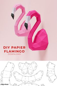 an origami paper flamingo is shown with the instructions to make it look like it