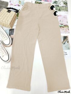 Olivia Mark - Womens Plus Size High Rise Solid Button Front Straight Leg Trousers - Stylish and Comfortable Casual Pants Casual Plain Pants For Work, Casual Plain Workwear Pants, Casual Wide Leg Dress Pants With Button Closure, Casual High Waist Dress Pants With Buttons, Casual Wide-leg Dress Pants With Button Closure, Casual High Waist Beige Dress Pants, Casual High-waisted Dress Pants With Button Closure, Casual High-waisted Dress Pants, Casual Beige Pants With Buttons