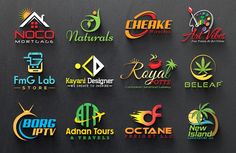 the logos for various businesses are displayed on a black surface with white lettering and colorful colors