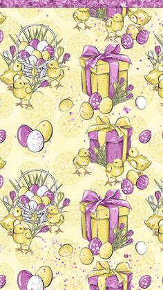 a yellow and purple wallpaper with easter eggs, bows, and other things on it