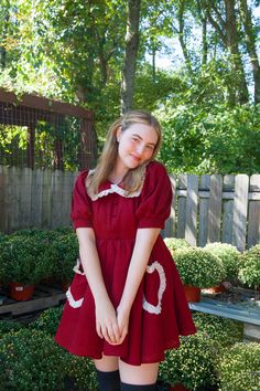 Our Red Velvet Gumdrop Dress is iced with a cream lace collar and heart shaped pockets. This dress has back shirring for maximum stretch and comfort. Also has two organza layers for extra poof! Model wearing size M. Gumdrop Dress, Simple Red Dress, Moda Aesthetic, Valentines Outfits, Ropa Diy, Heart Dress, Red Outfit, Cream Lace, Lace Collar