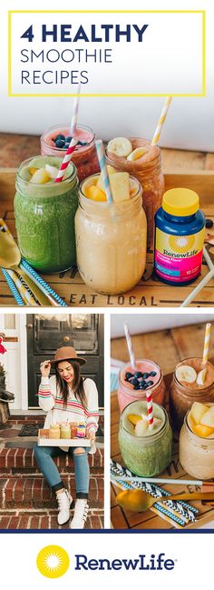 a woman sitting in front of some smoothies