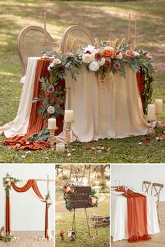 the table is decorated with flowers, candles and an orange drape draped over it