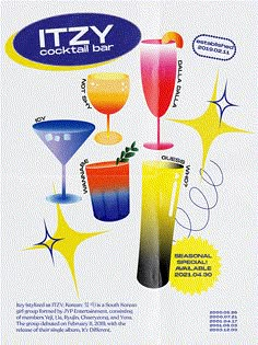 an advertisement for the itzy cocktail bar with different types of drinks and beverages on it