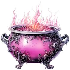 a pink pot with flames coming out of it's top and bottom rims