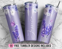 three purple tumblers with flowers and butterflies on them, one has the word free tumbler designs included