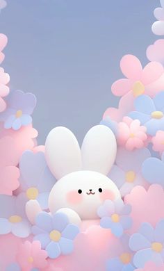 an animated bunny is peeking out from the middle of some flowers with a blue sky in the background