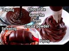 chocolate ganache from cocoa powder being poured into a mixing bowl and then spread on top