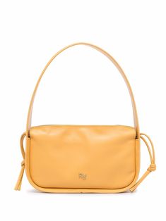 Apricot yellow leather logo-plaque shoulder bag from YUZEFI featuring gold-tone hardware, gold-tone logo plaque, top zip fastening, main compartment and single shoulder strap. | Yuzefi Logo-Plaque Shoulder Bag Modern Crossbody Shoulder Bag With Gold-tone Logo, Gold Leather Top Handle Baguette Bag, Gold Leather Baguette Bag With Top Handle, Modern Gold Baguette Shoulder Bag, Modern Shoulder Bag With Gold-tone Logo For Travel, Gold Satchel Shoulder Bag With Gold-tone Logo Plaque, Gold Satchel Shoulder Bag With Logo Plaque, Modern Travel Shoulder Bag With Gold-tone Logo Plaque, Gold Leather Baguette Bag With Adjustable Strap