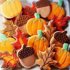 decorated cookies in the shape of acorns, leaves and acorns on a plate