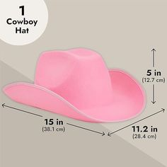 a pink cowboy hat with measurements for the size and width, on a gray background